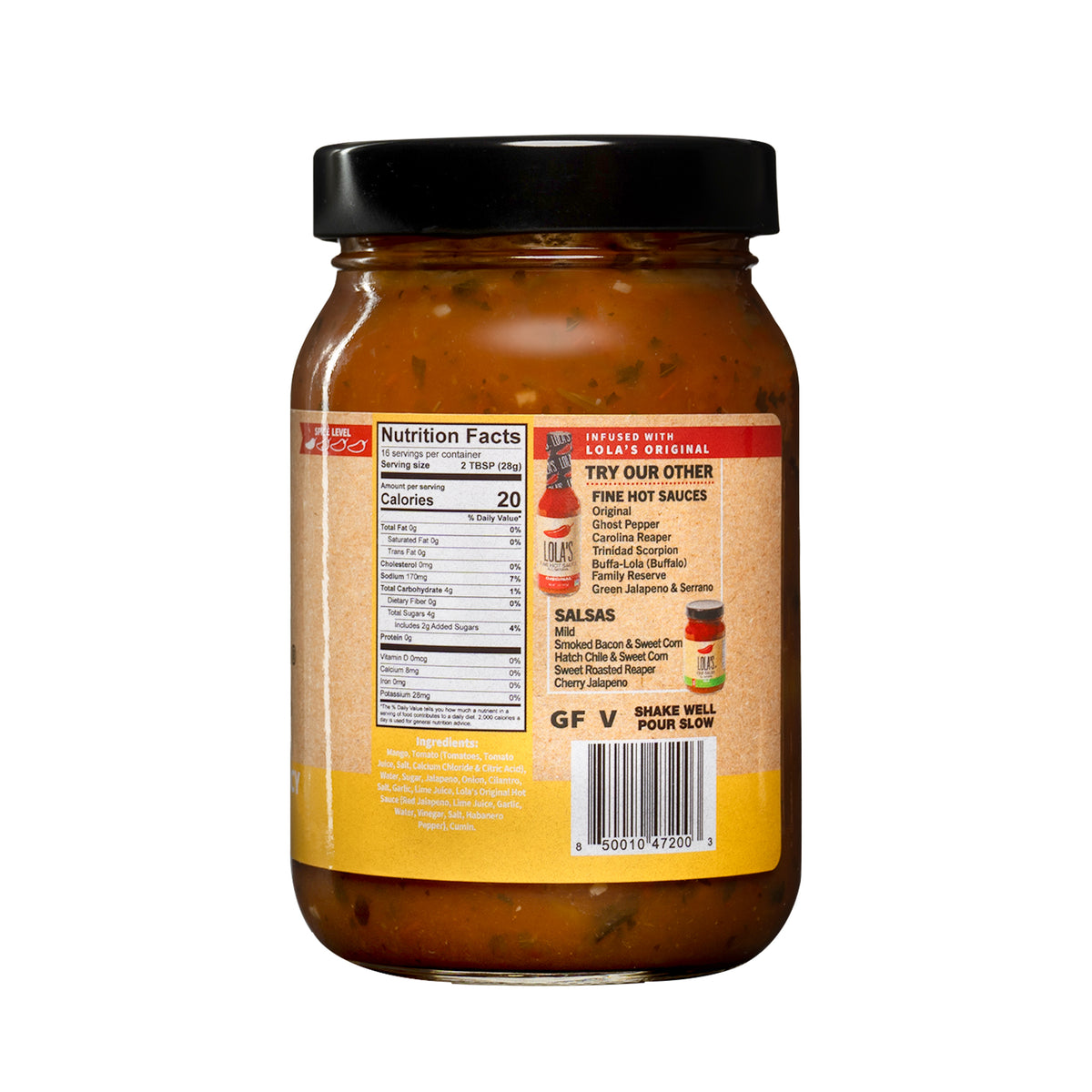 A jar of Lola's Sweet & Spicy Mango Salsa, a delicious fusion of ripe mangos and fresh ingredients for a tropical flavor.