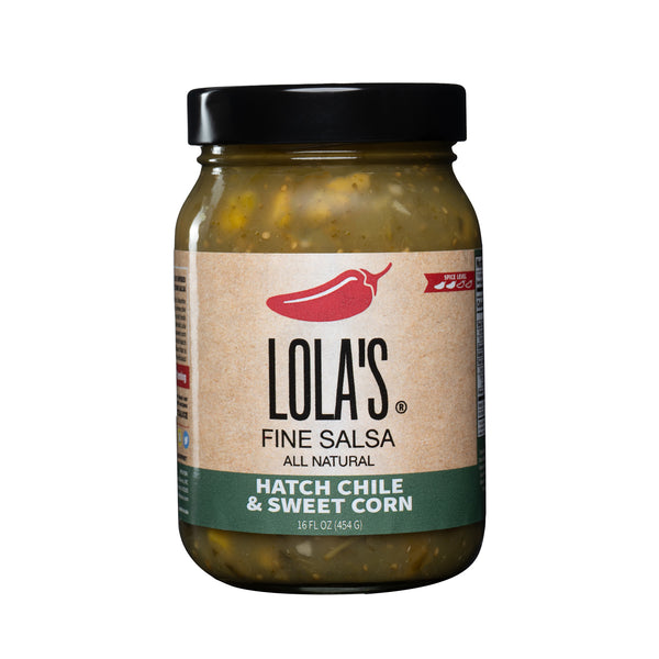 Lola's Hatch Chile & Sweet Corn Salsa in a glass jar, a fusion of Iowa sweet corn and hatch chilies, 100% All Natural, Plant Based, Keto, Gluten Free.