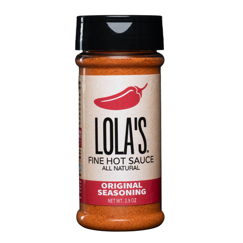Lola's Original Seasoning: A bottle of hot sauce turned smoky, sweet, and spicy seasoning with a zing of lime. Perfect for steaks, chicken, fish, popcorn and more! 3.9 oz. plastic shaker.
