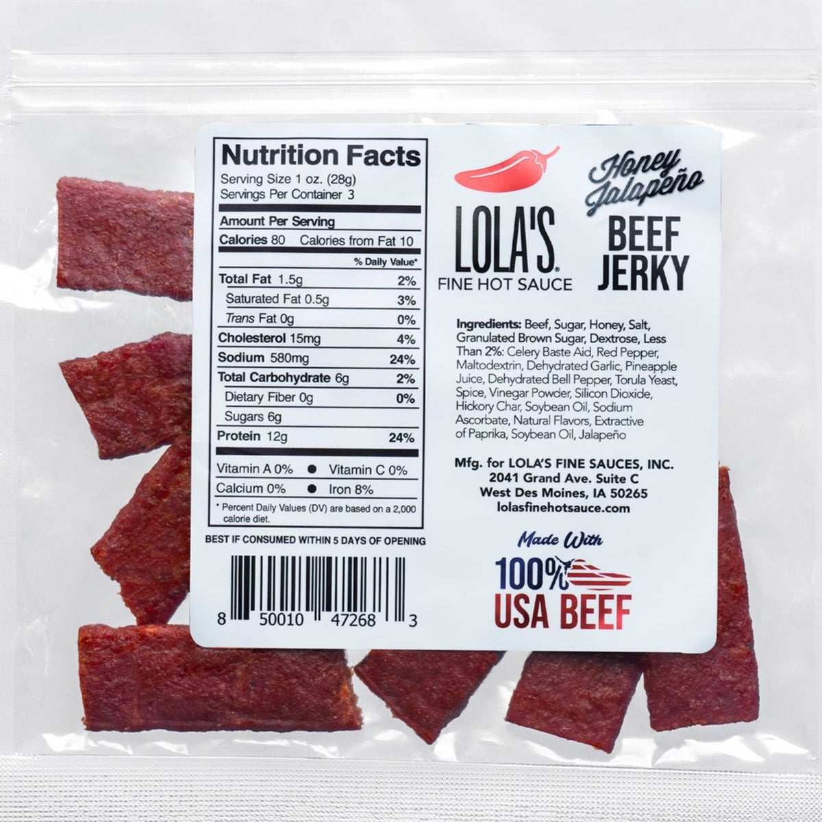 Honey Jalapeño Beef Jerky package with label, tender and packed with protein, perfect for on-the-go snacking. *Limited Release*