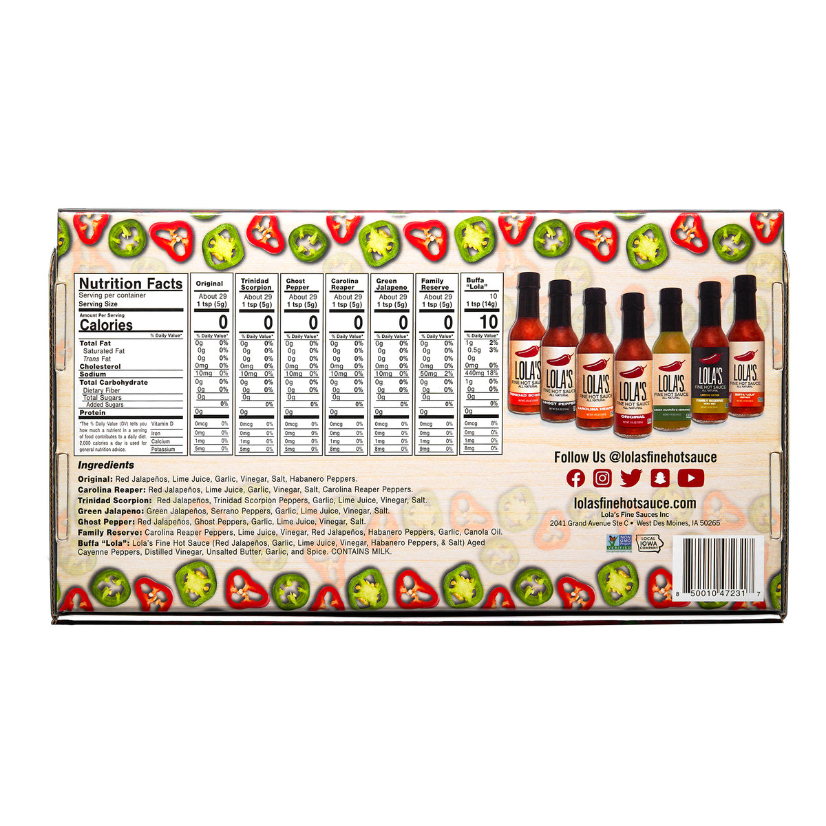 A box of Lola's Fine Hot Sauce Gift Set (6-pack) with six 5 oz. glass bottles featuring popular hot sauce flavors.