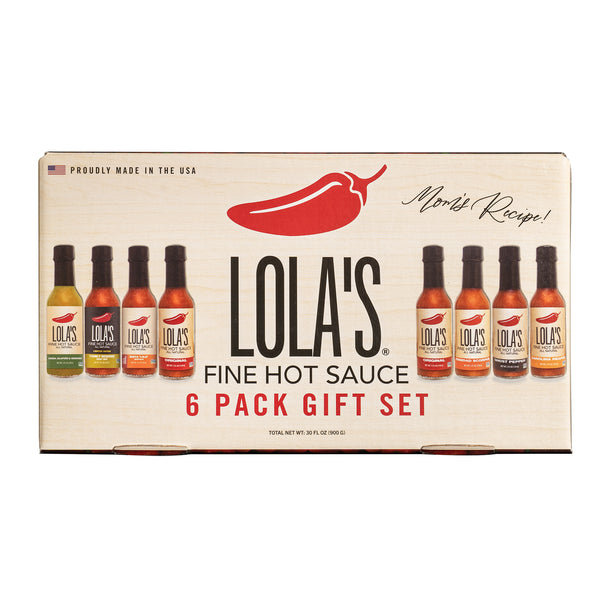 Lola’s Fine Hot Sauce Gift Set (6-pack): A box of hot sauce bottles, including Lola’s Original, Green Jalapeño & Serrano, Ghost Pepper, Trinidad Scorpion, Carolina Reaper, and Family Reserve.