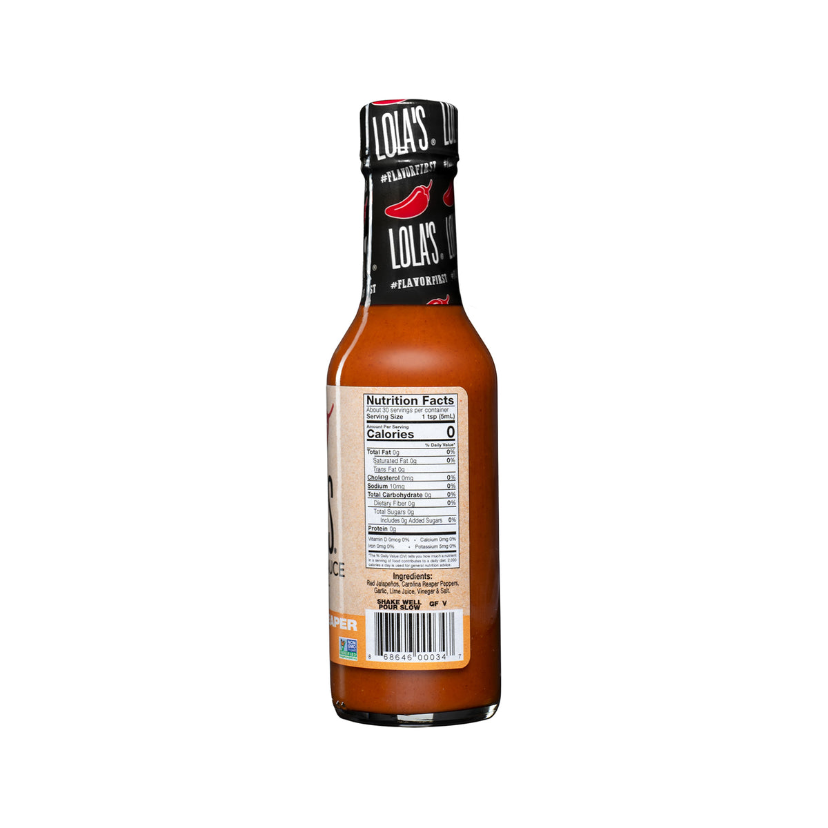 A bottle of Lola's Carolina Reaper Hot Sauce, featuring a close-up of the nutrition label and a bar code. Perfect for pizza, meal prep, or pasta!