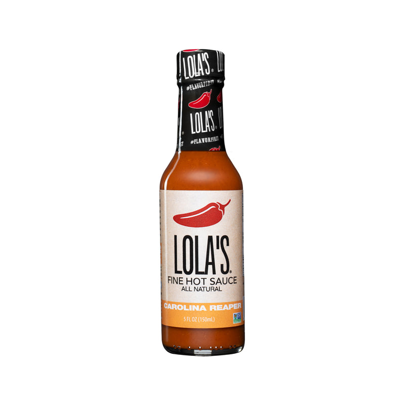 A 5 oz. glass bottle of Lola's Carolina Reaper Hot Sauce, featuring a red hot dog logo and a label with a red and white design.