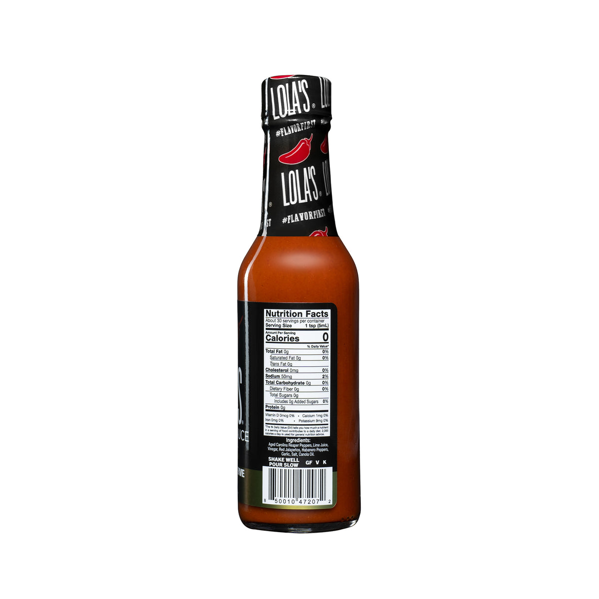A glass bottle of Lola's Family Reserve Hot Sauce, featuring Carolina reaper and habanero peppers for a sweet, smoky, lime flavor with intense heat. 5 oz. bottle in a premium gift box.