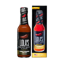 A bottle of Lola's Family Reserve Hot Sauce, featuring Carolina reaper and habanero peppers for a sweet, smoky, lime flavor with intense heat. 5 oz. glass bottle with premium gift box.