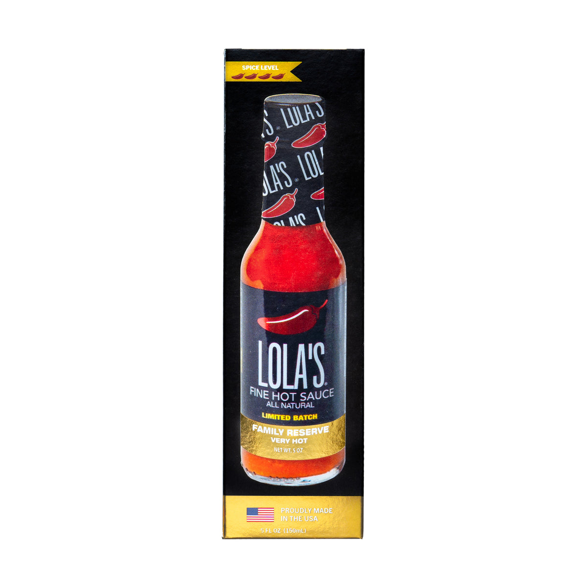 A bottle of Lola's Family Reserve Hot Sauce, featuring Carolina reaper and habanero peppers for a sweet, smoky, lime flavor with intense heat. 5 oz. glass bottle with premium gift box. 