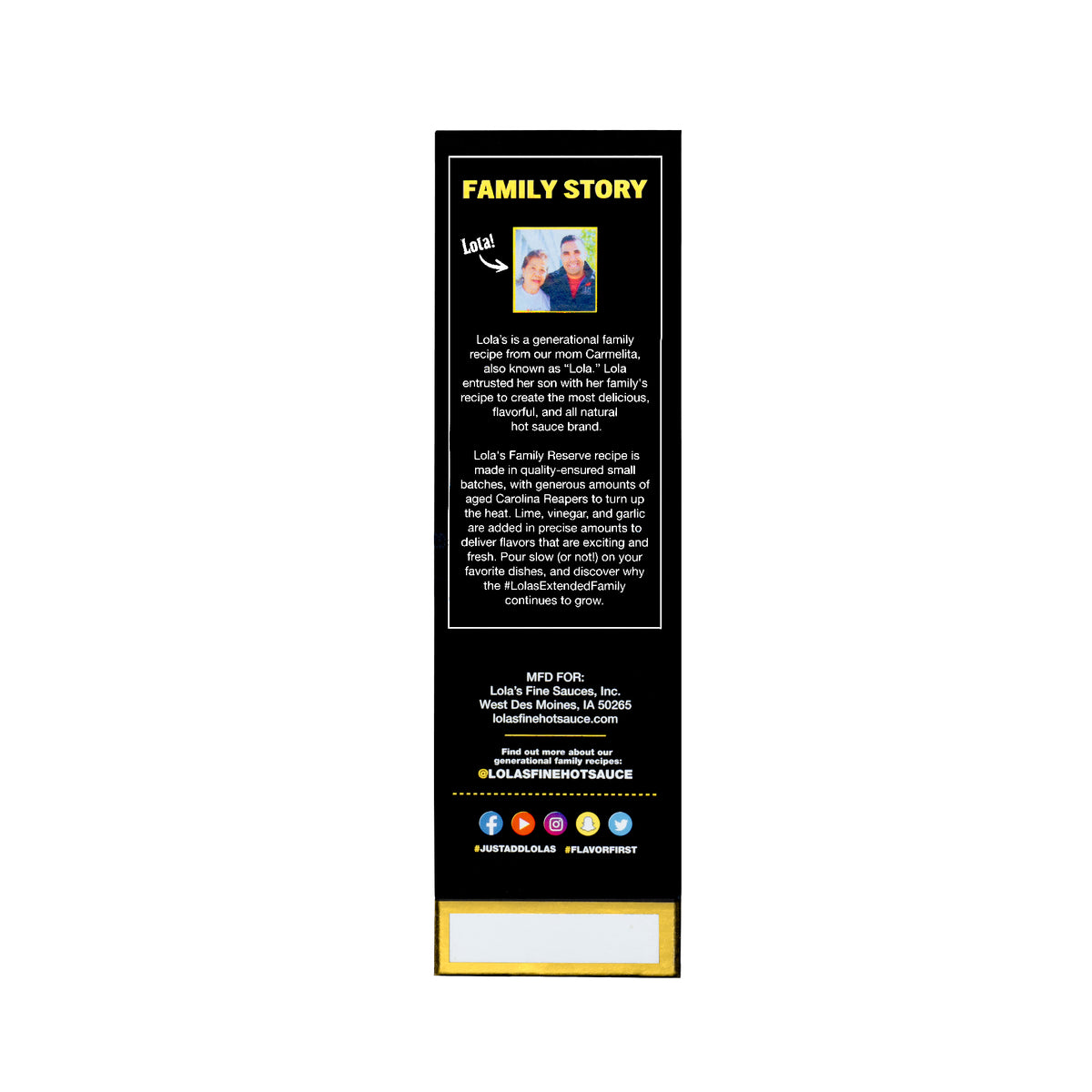 A black rectangular sign with text and pictures, showcasing Lola's Family Reserve Hot Sauce *Hottest*.