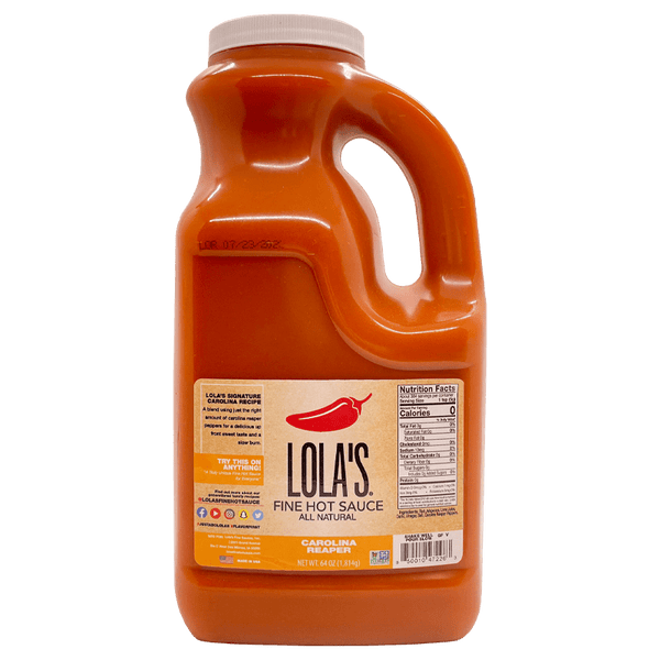Lola’s Carolina Reaper Hot Sauce (64 oz.) - A bottle of all-natural, plant-based, gluten-free hot sauce with a sweet and spicy flavor. Perfect for pizza, meal prep, or pasta!