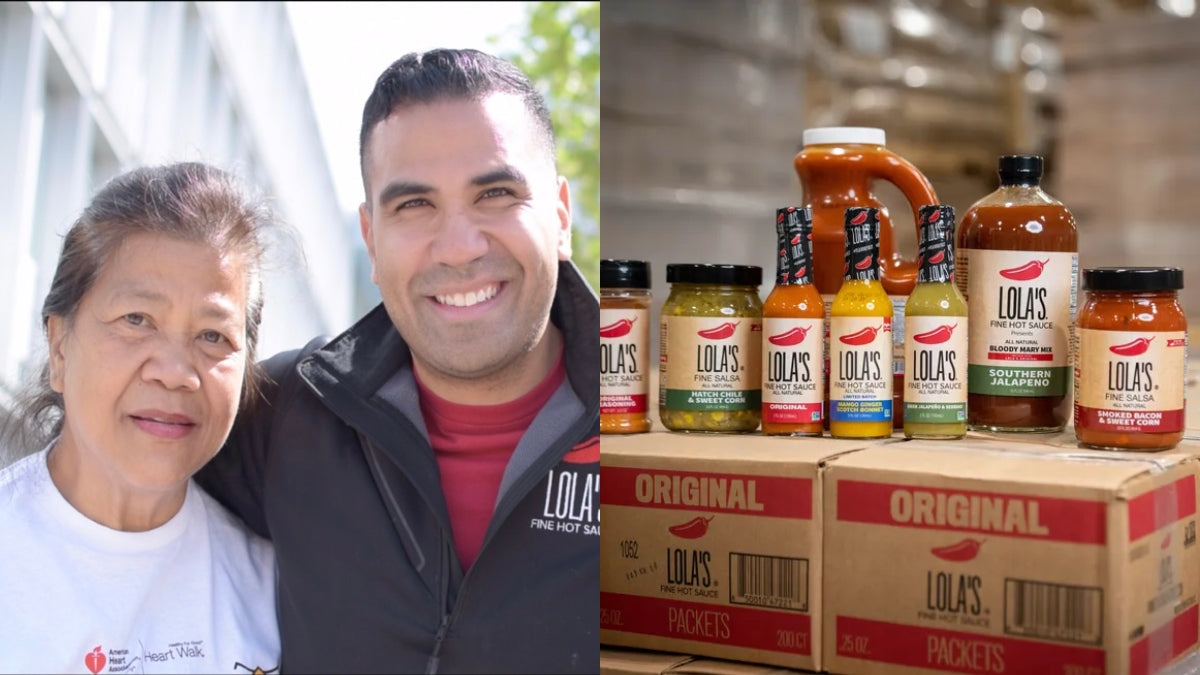 A man and woman posing with smiles, showcasing Lola's Fine Sauces products.