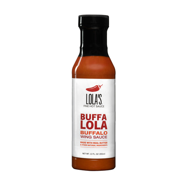 Lola's Buffa-Lola Wing Sauce - A bottle of mouthwatering Buffalo sauce made with real butter, fresh peppers, and red jalapeños. Perfect for wings, pizza, and dips. 12 oz. plastic bottle.
