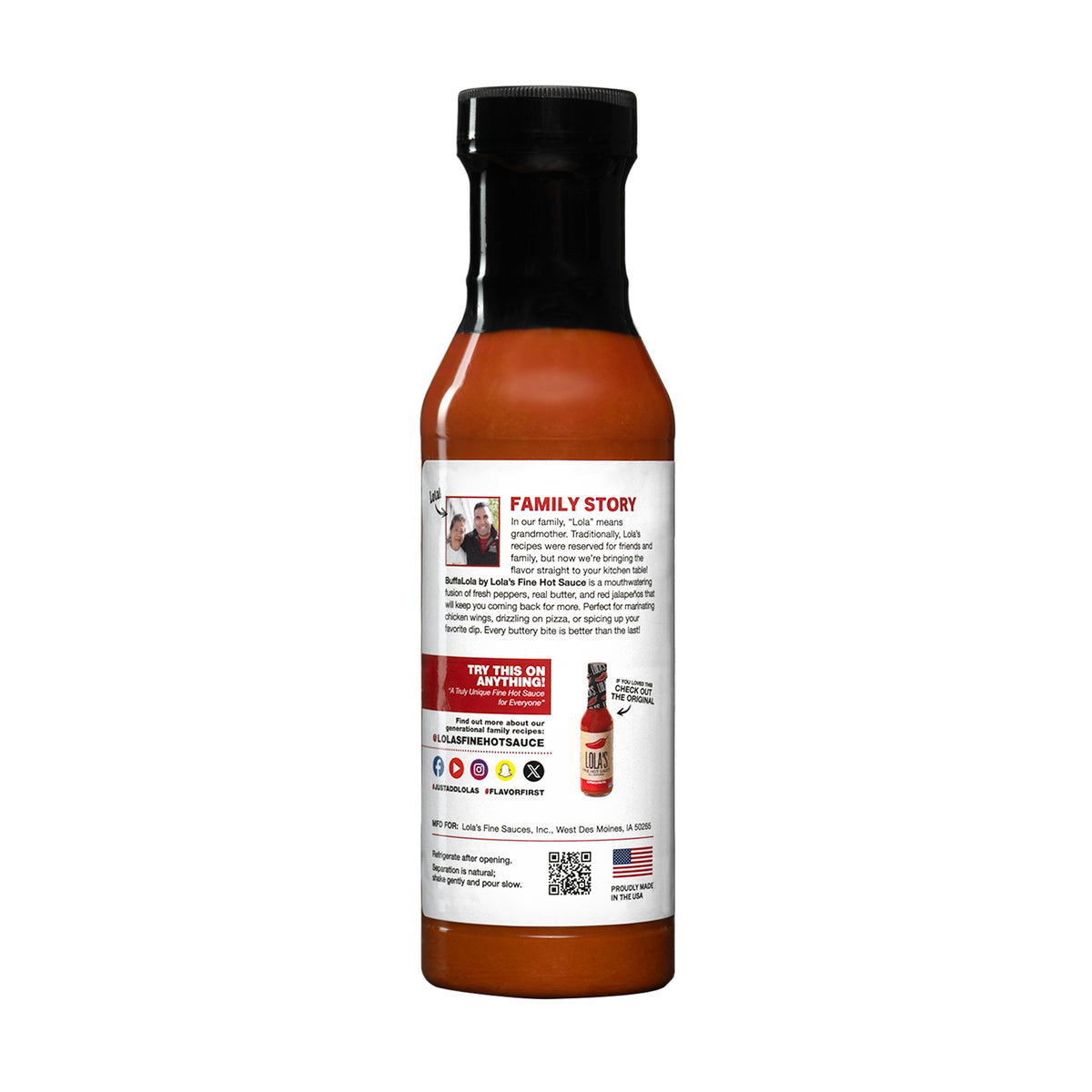 Lola's Buffa-Lola Wing Sauce: A bottle of hot sauce with a buttery fusion of peppers and red jalapeños. Perfect for wings, pizza, and dips. 12 oz. plastic bottle.