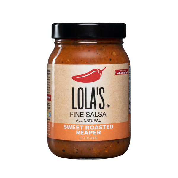 Lola's Sweet Roasted Reaper Salsa, a jar of fiery Carolina Reaper-infused salsa with a label.