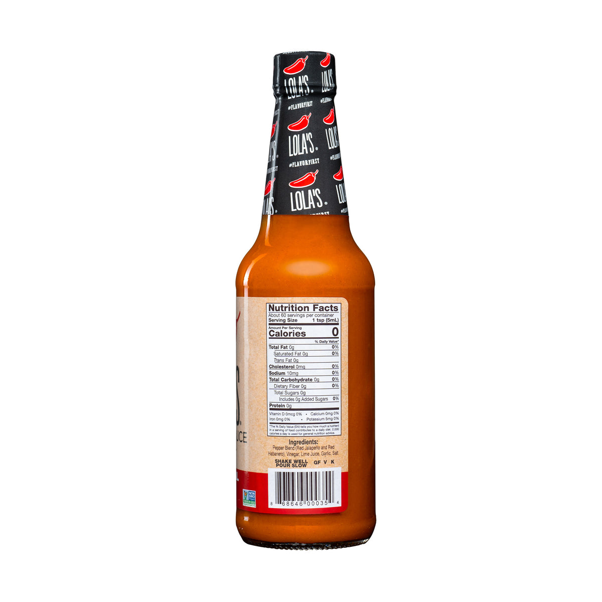 Lola's Original Hot Sauce (10 oz.) - A bottle of all-natural, plant-based hot sauce with a nutrition label and logo close-ups.