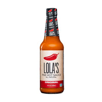 Lola's Original Hot Sauce (10 oz.) - A bottle of all-natural, flavorful hot sauce made with red jalapenos, habanero peppers, garlic, and lime.
