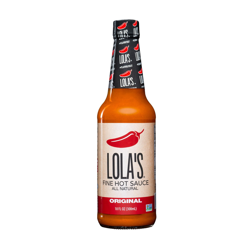 Lola's Original Hot Sauce (10 oz.) - A bottle of all-natural, flavorful hot sauce made with red jalapenos, habanero peppers, garlic, and lime.