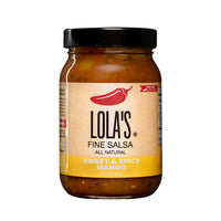 Lola's Sweet & Spicy Mango Salsa, a 16 oz. glass jar of delicious, all-natural condiment with a white label. Perfect for any occasion!