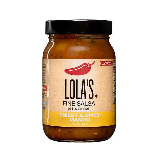 Lola's Sweet & Spicy Mango Salsa, a 16 oz. glass jar of delicious, all-natural condiment with a white label. Perfect for any occasion!
