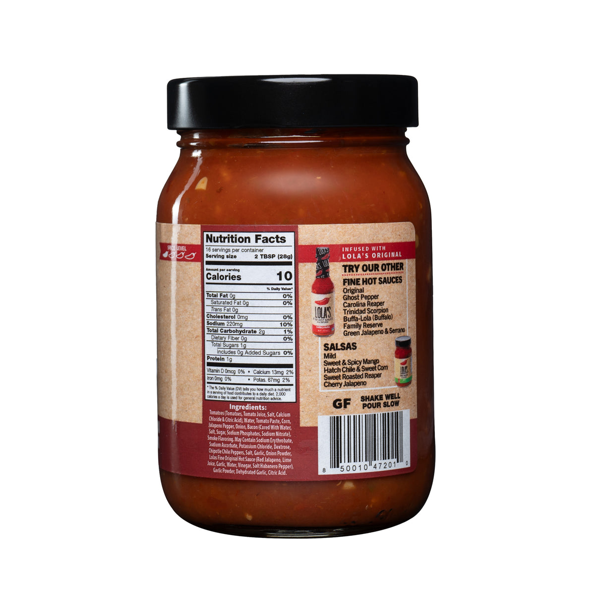 Lola's Smoked Bacon & Sweet Corn Salsa in a 16 oz glass jar, featuring a label with a list of salsas, a bar code, and a nutrition label.