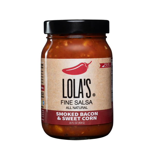 Lola's Smoked Bacon & Sweet Corn Salsa, a jar of delicious homemade salsa with a white label.