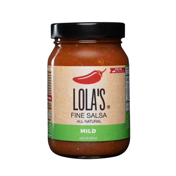 Lola's Mild Salsa in a 16 oz. glass jar, a delicious and savory gourmet hot sauce made with fresh tomatoes and peppers.