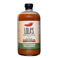 Lola's Southern Jalapeño Bloody Mary Mix in a glass bottle with a label and a close-up of the hot sauce bottle.
