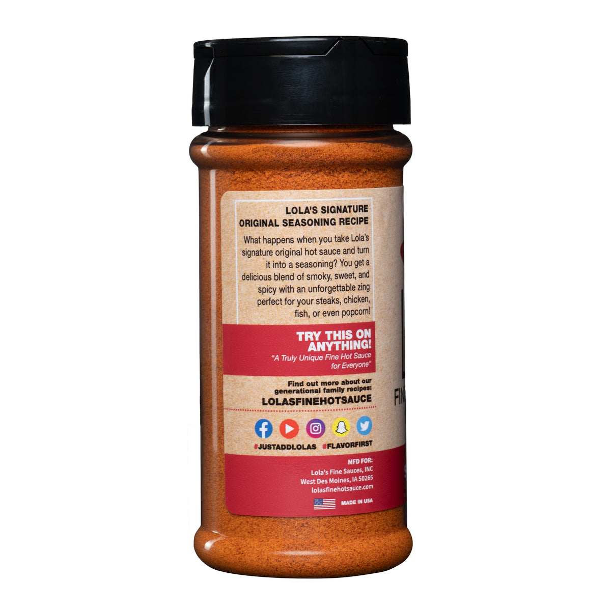 Lola's Original Seasoning: A jar of smoky, sweet, and spicy seasoning with a lime zing. Perfect for steaks, chicken, fish, popcorn and more! 3.9 oz. plastic shaker.