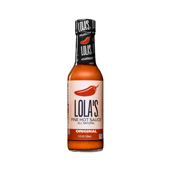 A 5 oz. glass bottle of Lola's Original Hot Sauce, a blend of red jalapenos, habanero peppers, garlic, and lime. All-natural, plant-based, keto, low sodium, non-GMO, and gluten-free. Perfect for adding a delightful combo of sweet, smokey, and limey flavors to any dish.