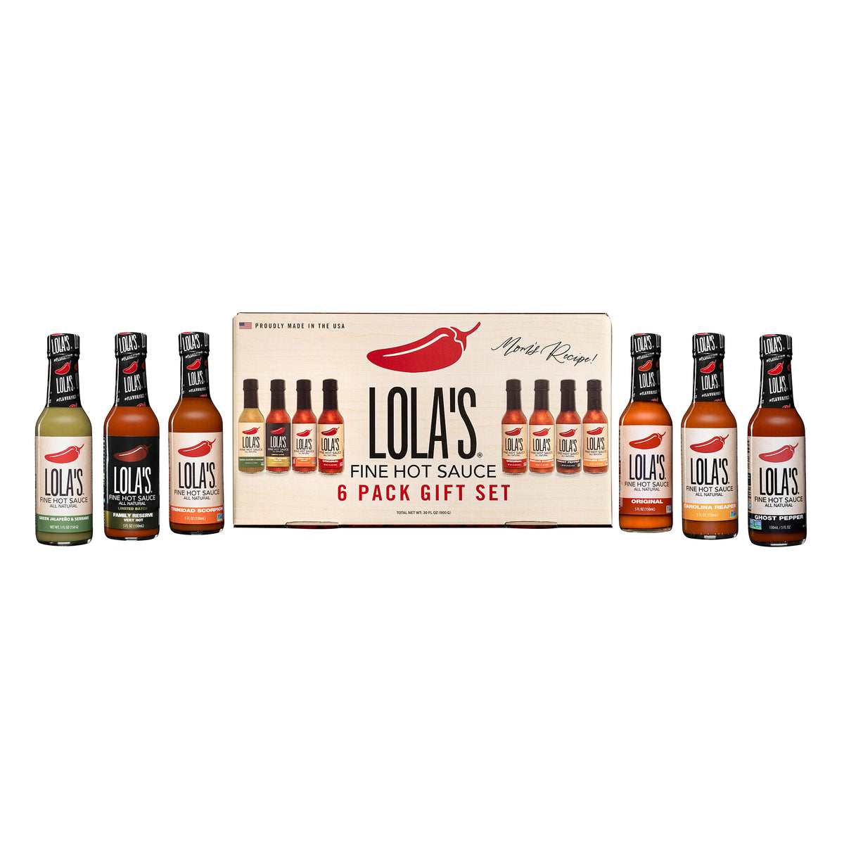 A group of hot sauce bottles in Lola's Fine Hot Sauce Gift Set, featuring Lola's Original, Green Jalapeño & Serrano, Ghost Pepper, Trinidad Scorpion, Carolina Reaper, and Family Reserve flavors.