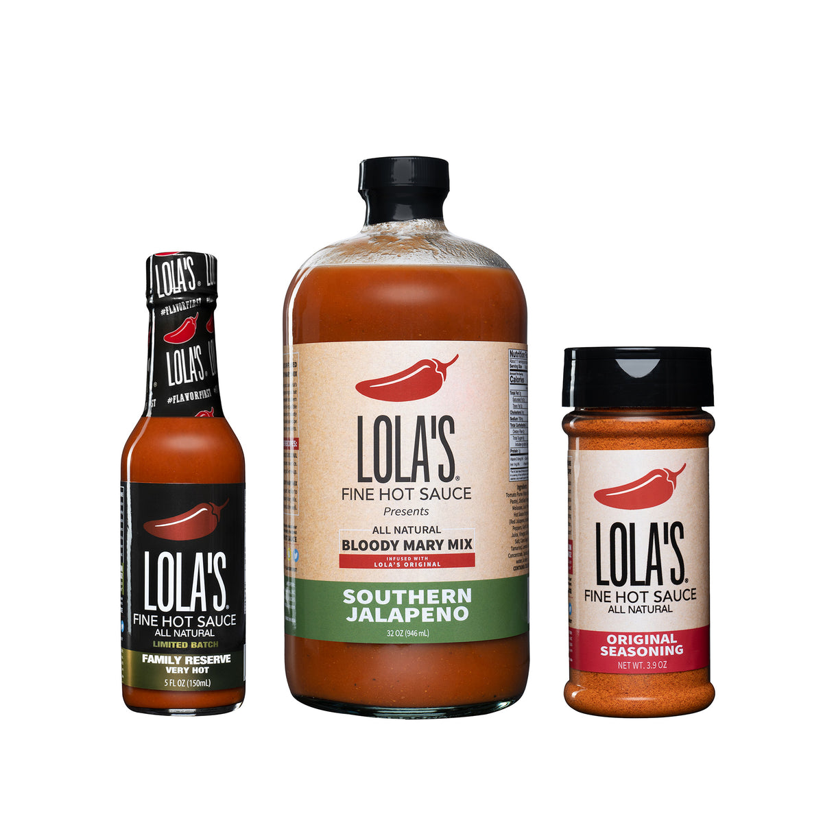 Lola's "Game Day" Bundle: A group of hot sauce bottles, a bottle of hot sauce, and a close-up of a bottle.