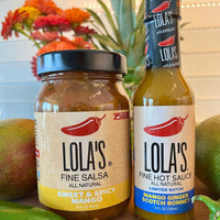 Lola's Sweet & Spicy Mango Salsa, a tropical flavor in a 16 oz. glass jar. All natural, plant-based, and gluten-free.