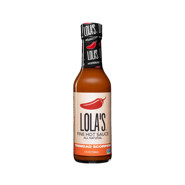 Lola's Trinidad Scorpion hot sauce in a glass bottle, featuring a full-bodied heat from the scorpion pepper, with blasts of lime and garlic.