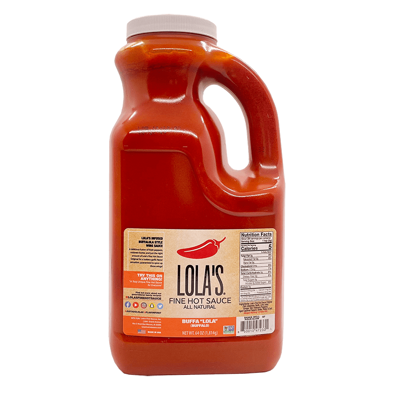 Lola’s Buffalo Wing Sauce "Buffa Lola" (64 oz.) - A bottle of hot sauce, perfect for marinating chicken wings, drizzling on pizza, or spicing up your favorite dip.