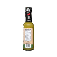 Lola's Green Jalapeño and Serrano Sauce: A 5 oz. glass bottle of zesty hot sauce with a smooth, earthy flavor and a lime zing. Perfect for seafood.