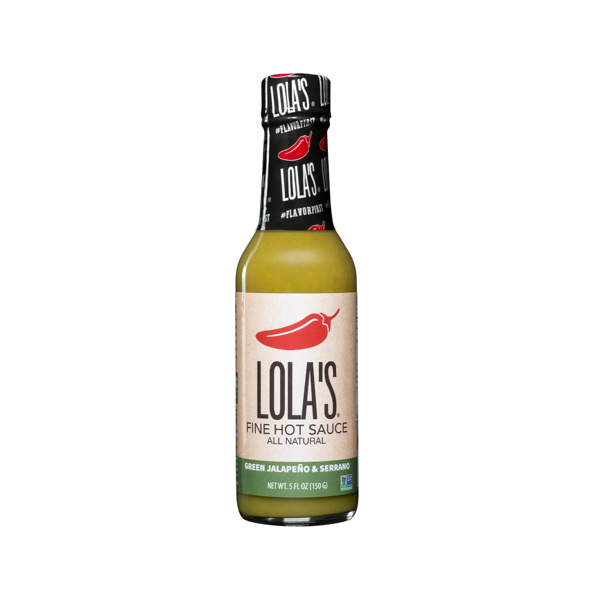 Lola's Green Jalapeño and Serrano Sauce, a 5 oz. glass bottle of flavorful hot sauce, perfect for seafood. All natural, plant-based, keto, low sodium, non-GMO, and gluten-free.