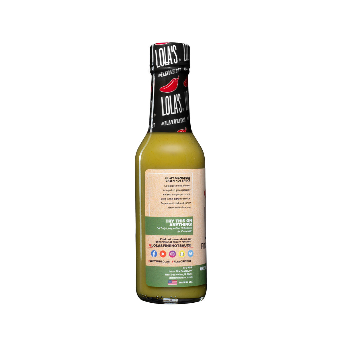 Lola's Green Jalapeño and Serrano Sauce, a 5 oz. glass bottle of hot sauce with a smooth, rich flavor and a lime zing.