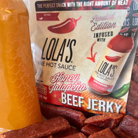 A package of hot sauce and a bottle of hot sauce, alongside a bag of Honey Jalapeño Beef Jerky, a close-up of food, and a close-up of a glass of honey.