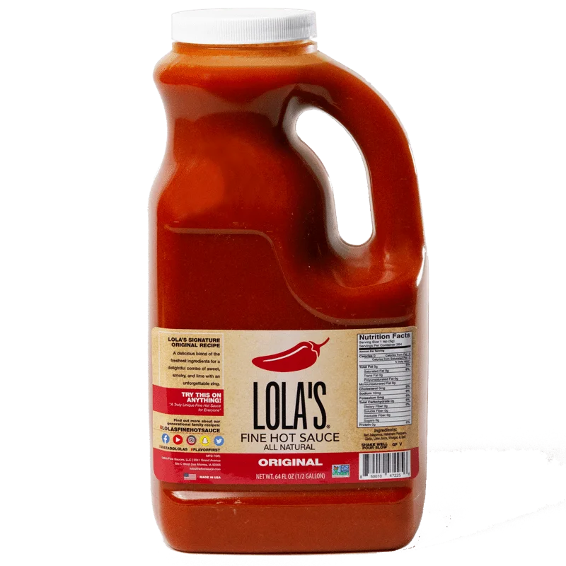 Lola’s Original Hot Sauce (64 oz.) - A jug of zesty condiment, made with red jalapenos, habanero peppers, garlic, and lime. All natural, plant-based, keto, low sodium, non-GMO, and gluten-free. Try it on anything!